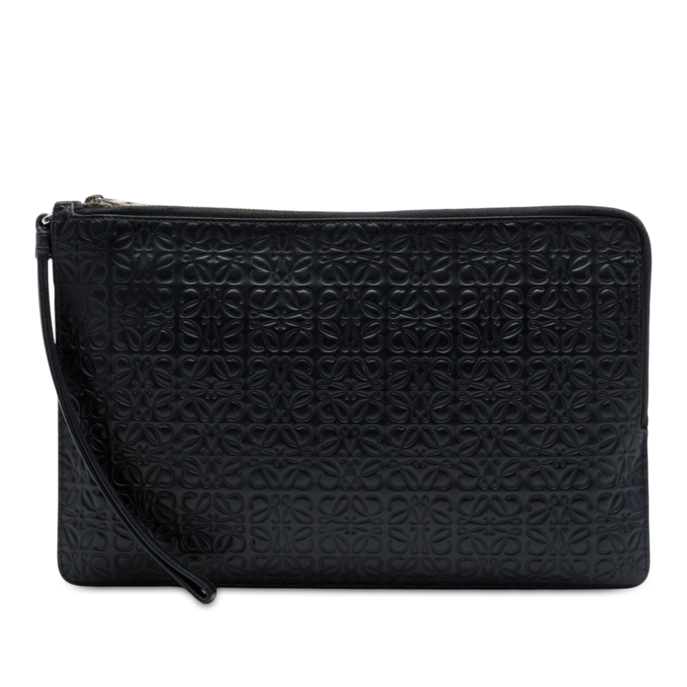 Pre-Loved LOEWE Embossed Anagram Calfskin Repeat Double Flat Pouch